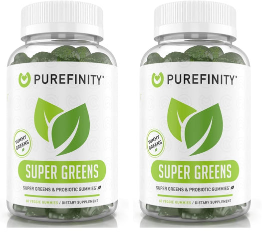 Bottle of PUREFINITY Daily Super Greens Gummies with spirulina and vegetables on the label