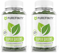 Bottle of PUREFINITY Daily Super Greens Gummies with spirulina and vegetables on the label