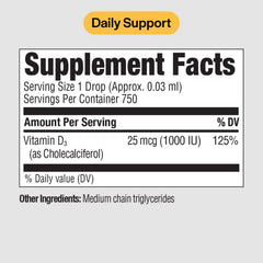 Dropper dispensing Vitamin D3 liquid with 25 mcg (1,000 IU)
