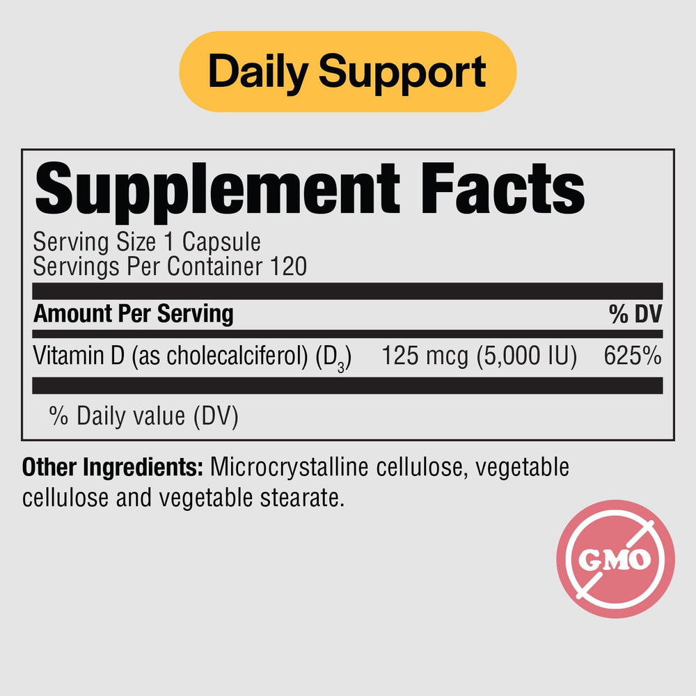 Back view showing supplement facts on PureFormulas Vitamin D3 bottle