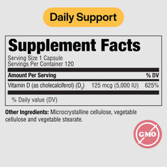 Back view showing supplement facts on PureFormulas Vitamin D3 bottle