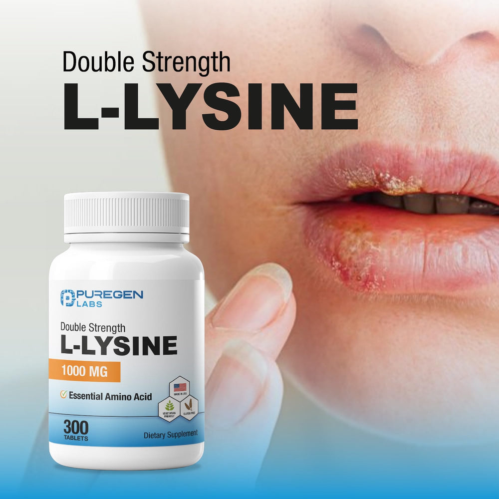 Front view of Puregen Labs L-Lysine 1000 mg bottle