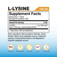 L-Lysine 1000 mg tablets arranged in bottle