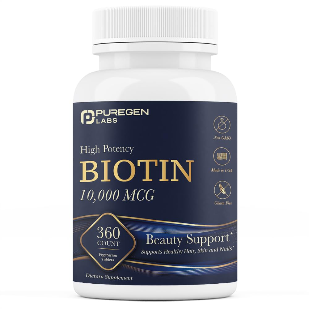 Bottle of Puregen Labs Biotin 10,000 mcg with 360 vegetarian tablets