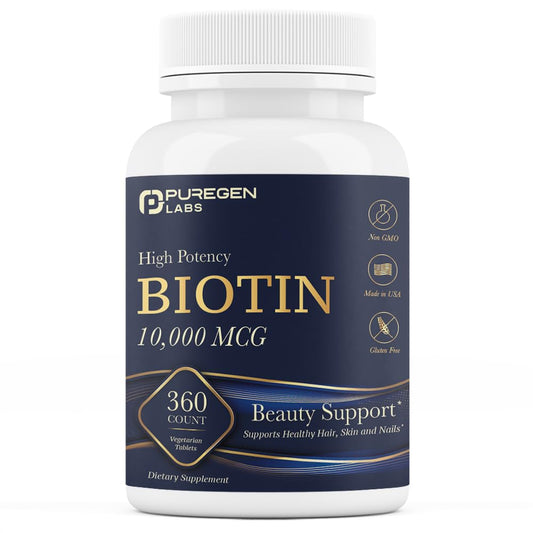 Bottle of Puregen Labs Biotin 10,000 mcg with 360 vegetarian tablets