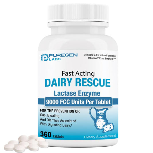 Puregen Labs Dairy Relief 9000 FCC Lactase Enzyme tablets package