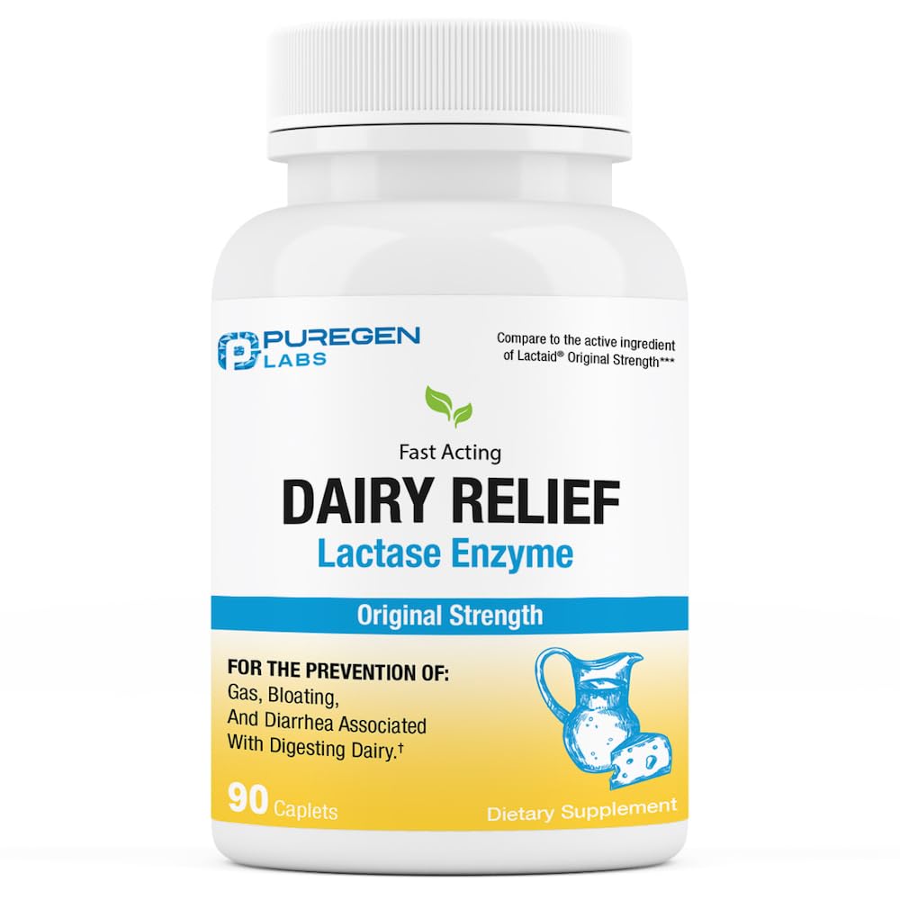 Bottle of Puregen Labs Dairy Relief with 90 caplets