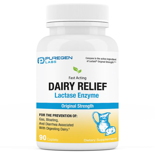 Bottle of Puregen Labs Dairy Relief with 90 caplets