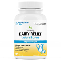 Bottle of Puregen Labs Dairy Relief with 90 caplets
