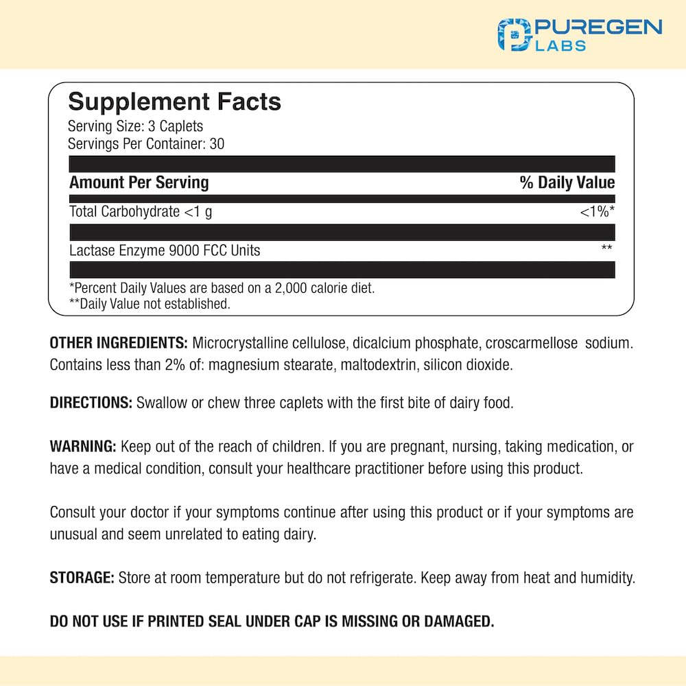 Close-up of Puregen Labs Dairy Relief caplets