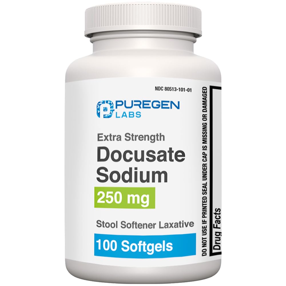 Puregen Labs Docusate bottle with softgels for gentle constipation relief.