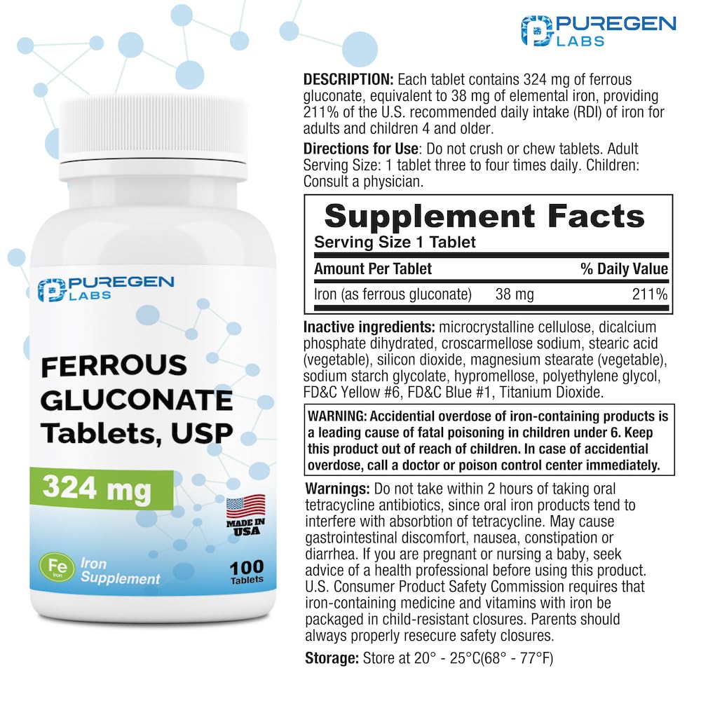 Back label of Puregen Labs Ferrous Gluconate 324 mg bottle
