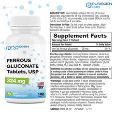 Back label of Puregen Labs Ferrous Gluconate 324 mg bottle