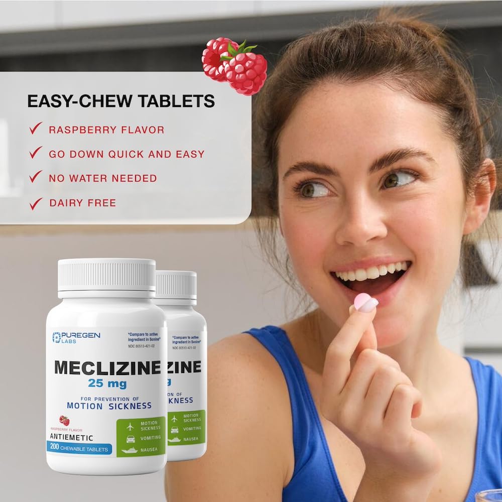 Puregen Labs Meclizine 200-count value pack, budget-friendly motion sickness relief.