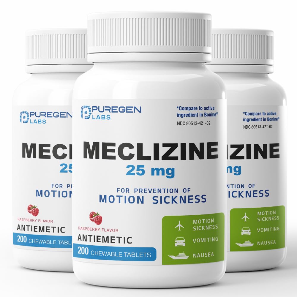 Puregen Labs Meclizine 25 mg raspberry chewable tablets in a bottle for motion nausea relief.