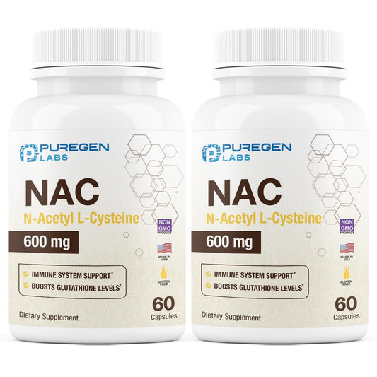 Puregen Labs N-Acetyl-L-Cysteine 600mg bottle and capsules