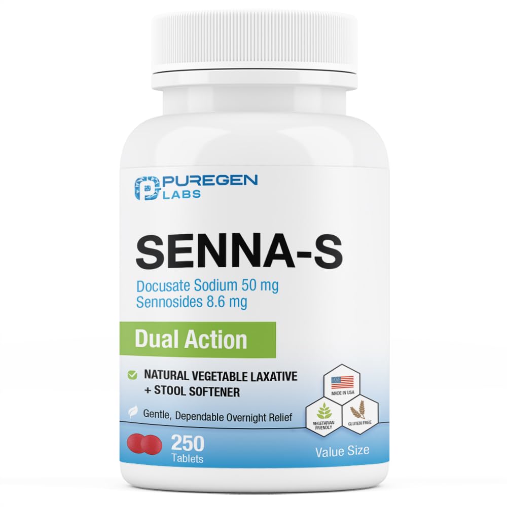Puregen Labs Senna-S bottle shown for overnight relief from occasional constipation.