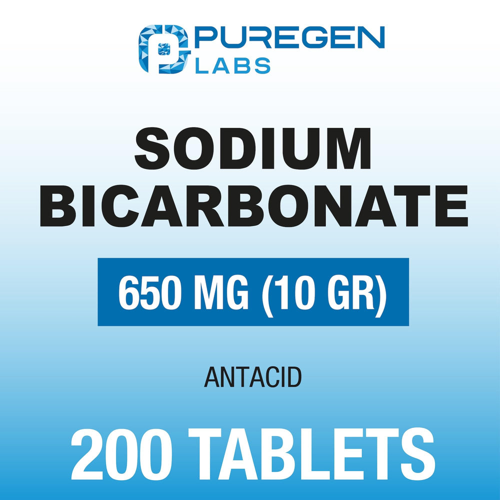 Puregen Labs Sodium Bicarbonate Tablets 650mg close-up showing precise dosage for heartburn.