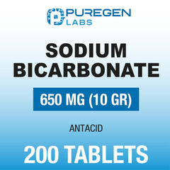 Puregen Labs Sodium Bicarbonate Tablets 650mg close-up showing precise dosage for heartburn.
