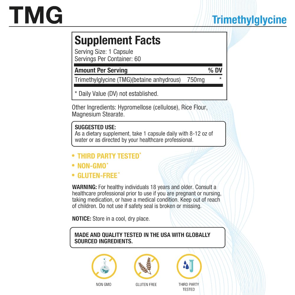 Close-up of Puregen Labs TMG 750 mg capsules