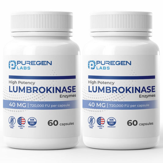 Front view of Puregen Labs Lumbrokinase 40mg capsule bottle
