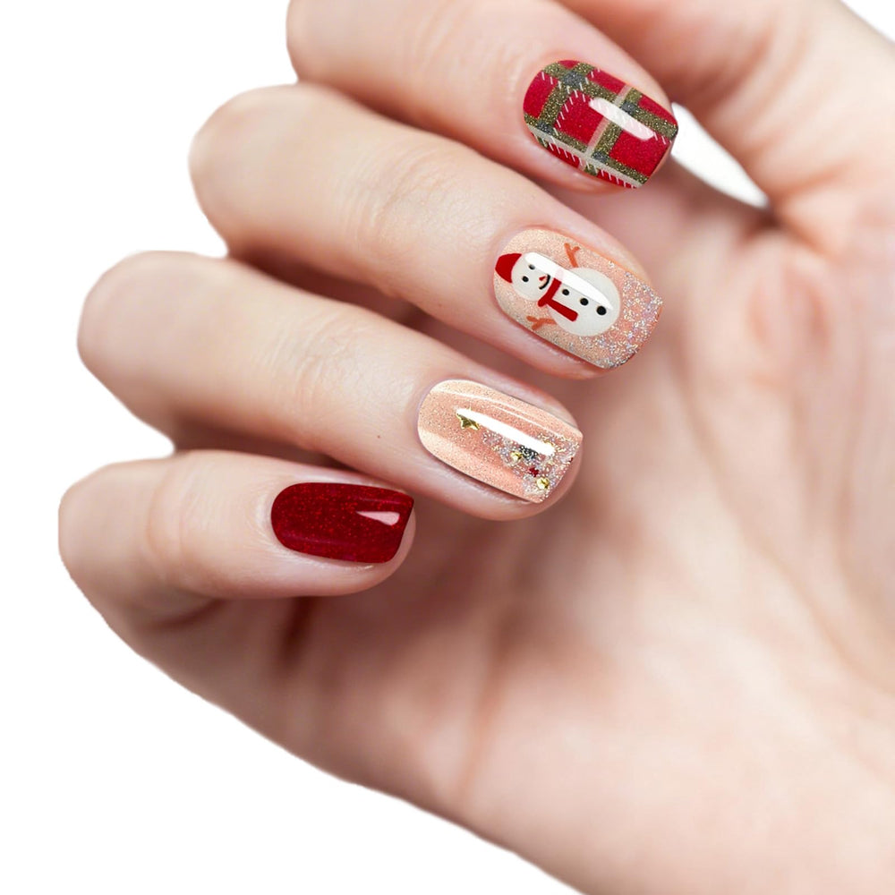 PureGlow Co red snowmen pattern nail wraps for festive nail art