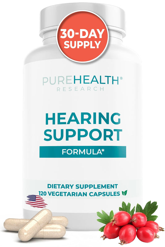 Bottle of PUREHEALTH Hearing Support Formula with label visible
