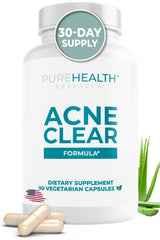 Front view of PUREHEALTH RESEARCH Acne Clear Formula bottle with 90 capsules.