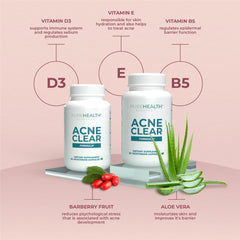 Vitamins D and E included in Acne Clear Formula for skin health.