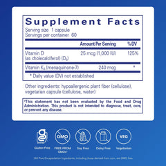 Ingredients list showing vitamin K2 (MK-7) and vitamin D3 (D3) for PureHeart K2D