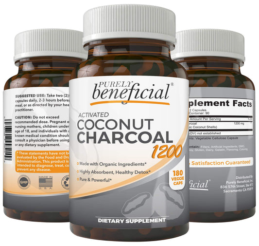 Front view of Purely Beneficial Activated Coconut Charcoal 1200mg 180-capsule bottle