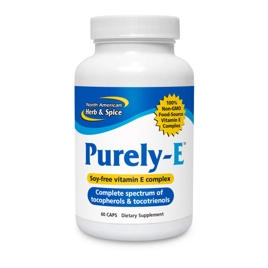 Purely-E Gel-Capsules bottle with North American Herb and Spice label