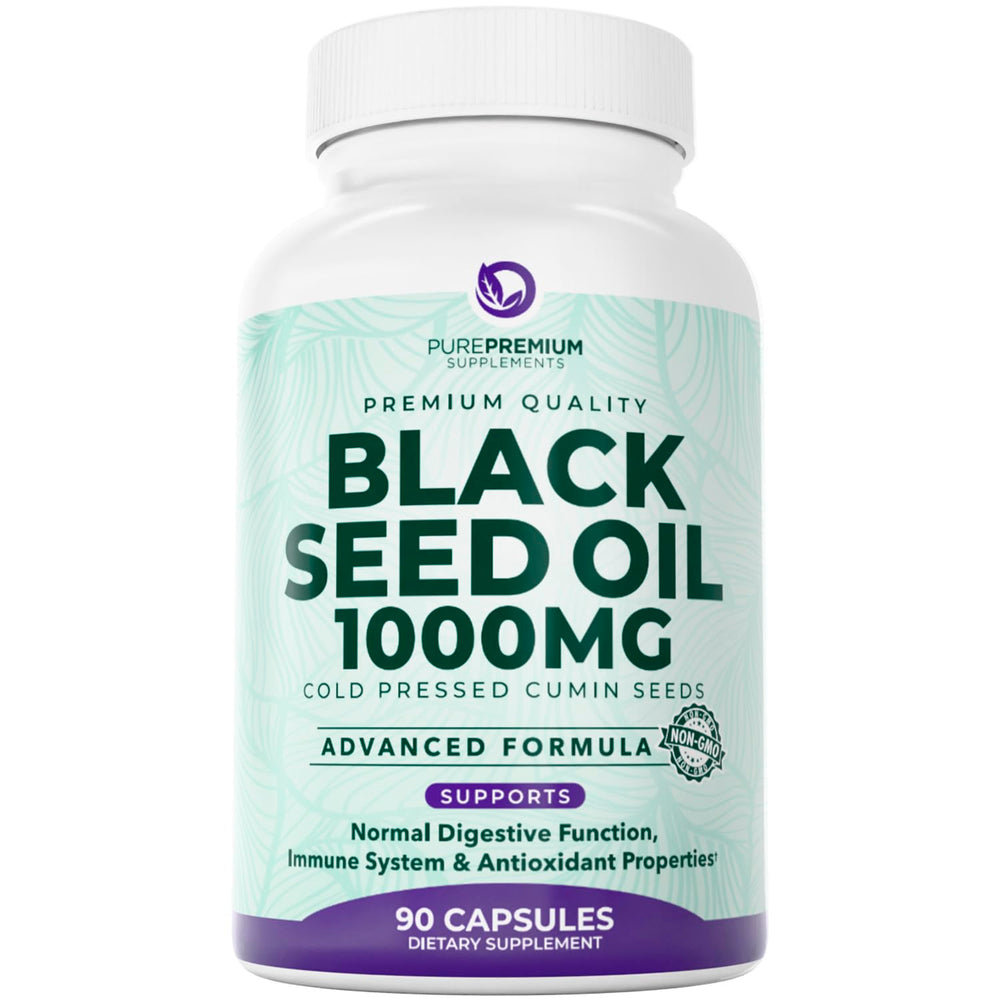 Bottle of PurePremium Black Seed Oil 500mg capsules with label