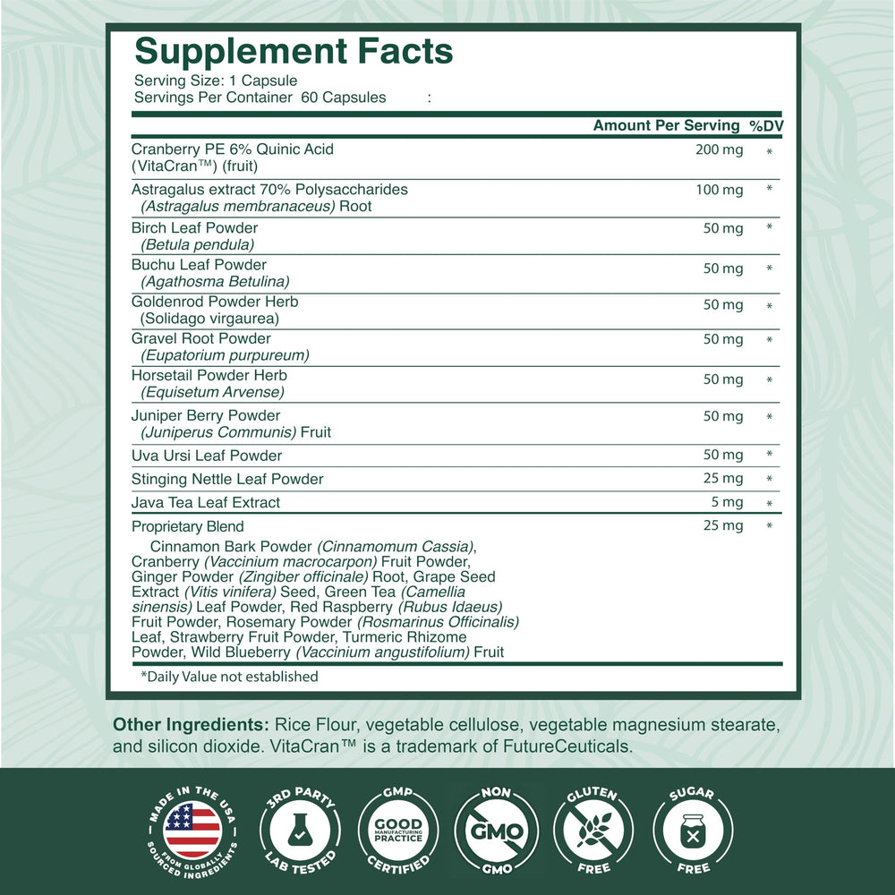 Close-up of cranberry extract and herbal ingredients for kidney health
