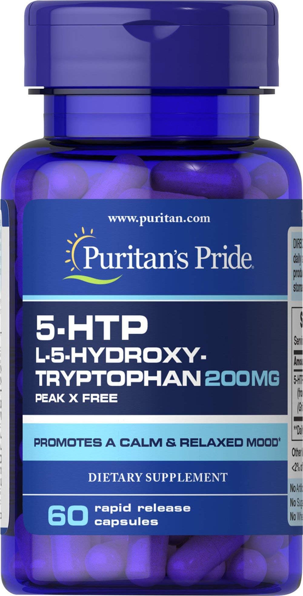 Puritan's Pride 5-HTP 200 mg capsules 60-count bottle label view