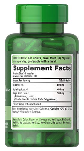 Close-up of Berberine, Alpha Lipoic Acid, and Grape Seed ingredients