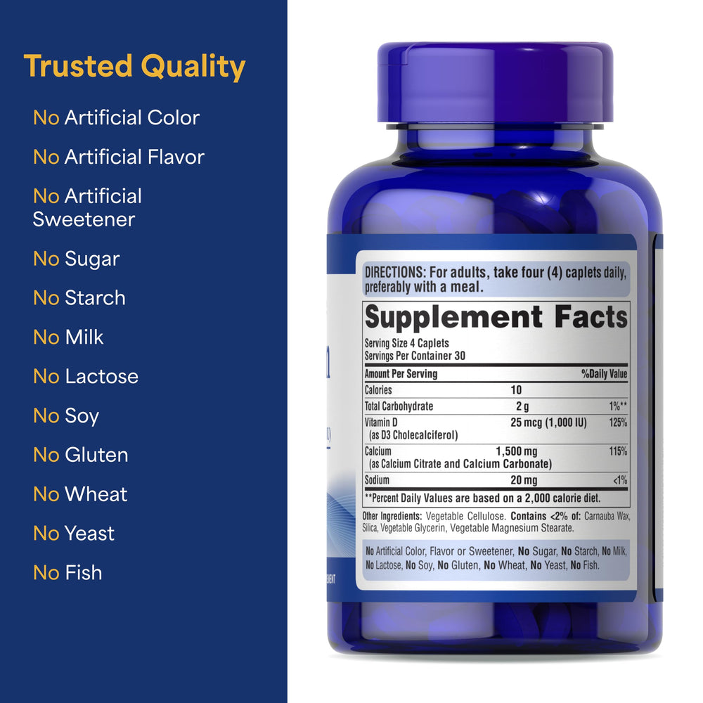 Back of Puritan's Pride Calcium with Vitamin D3 bottle showing supplement facts