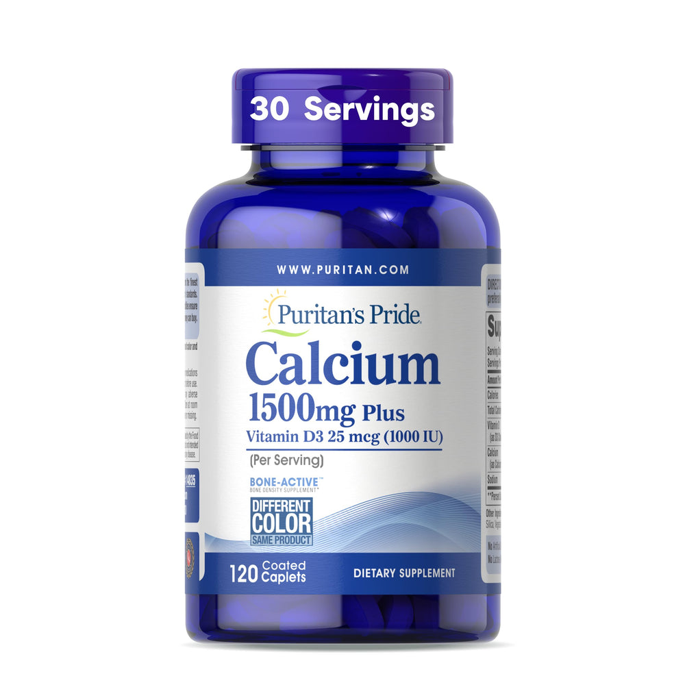 Bottle of Puritan's Pride Calcium with Vitamin D3 1500 mg 120 coated caplets