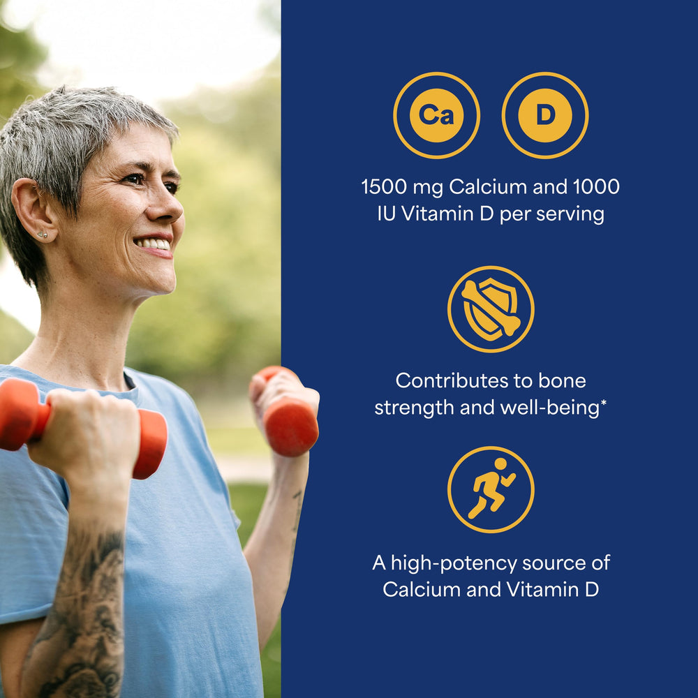 Label highlighting 1500 mg calcium and 25 mcg (1000 IU) vitamin D3