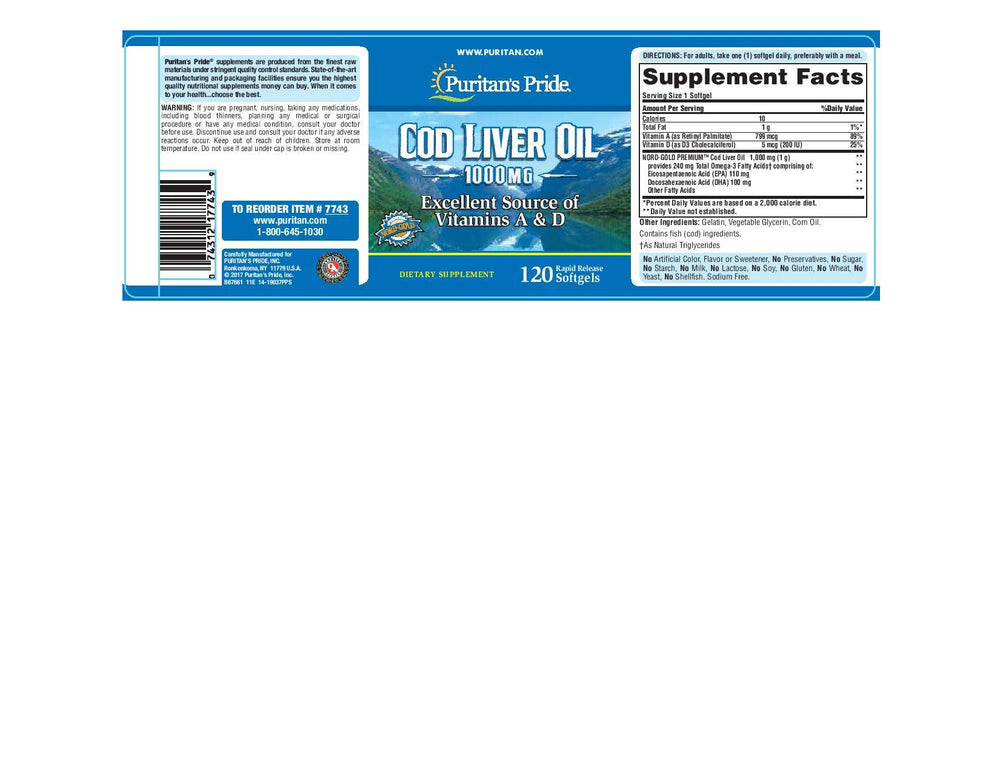 Puritans Pride Cod Liver Oil 1000 mg bottle packaging - 120 count