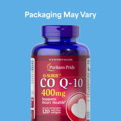 Closeup of Puritan's Pride CoQ10 softgel capsule highlighting rapid release for daily vitality.