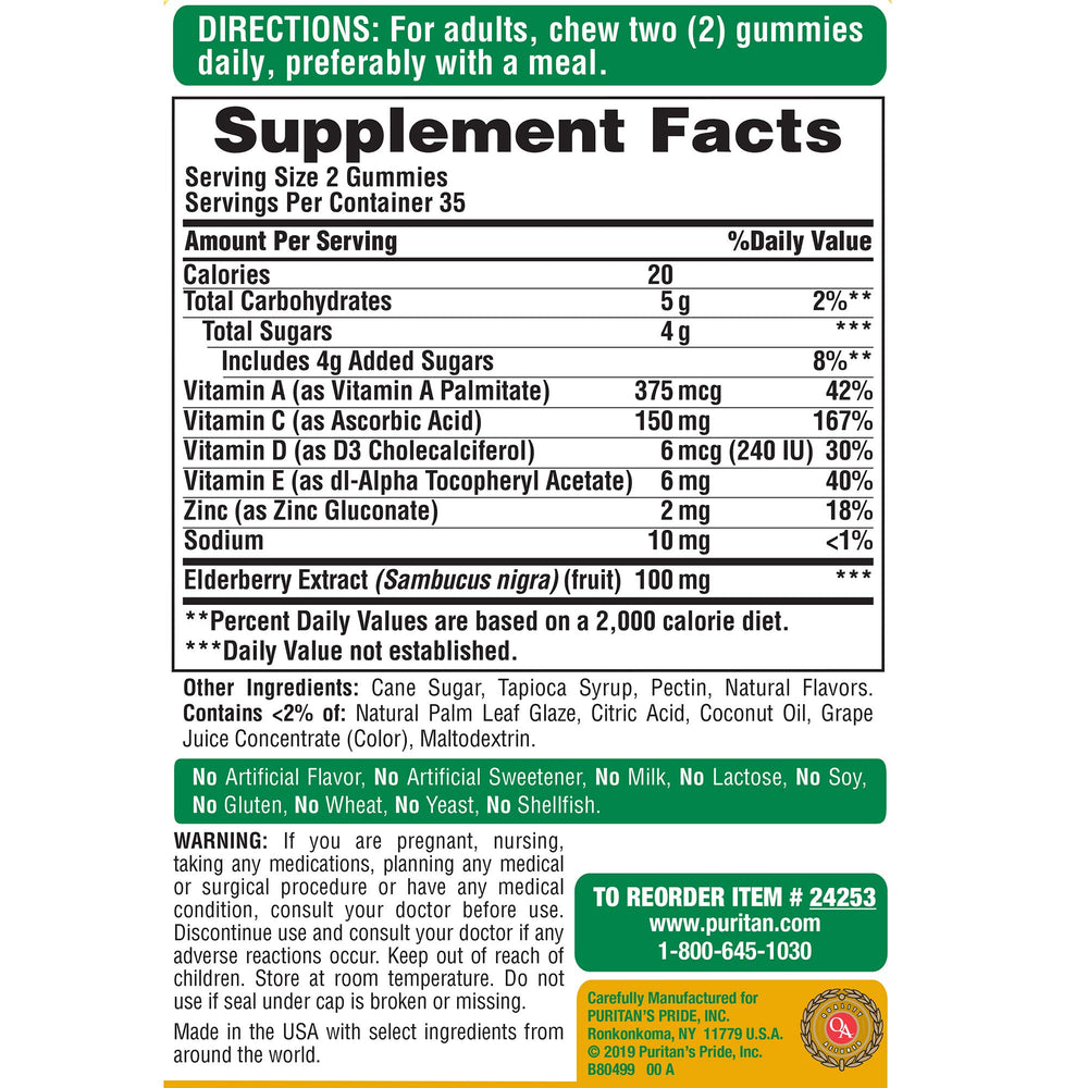 Bottle label showing elderberry with vitamin C, D and zinc