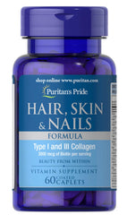 Bottle of Puritan's Pride Hair, Skin & Nails Formula 60 Caplets with label on white background