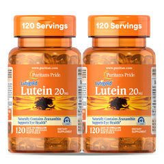 Front view of Puritan's Pride Lutigold Lutein 20mg with Zeaxanthin 2-Pack bottles