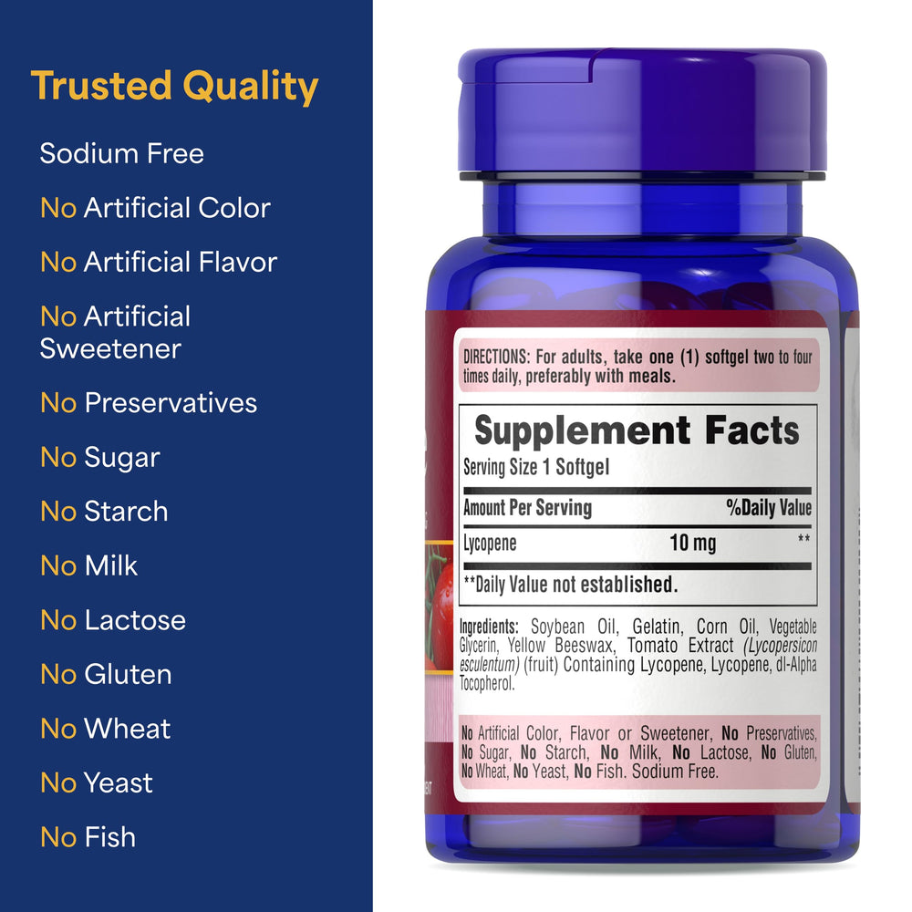Bottle of Puritan's Pride Lycopene 10mg 100-count softgels