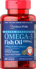 Puritans Pride Extra Strength Omega-3 Fish Oil 1500 mg Softgels, 60 count
