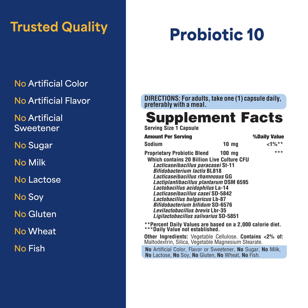 Close-up of Puritan's Pride Probiotic 10 with Vitamin D label
