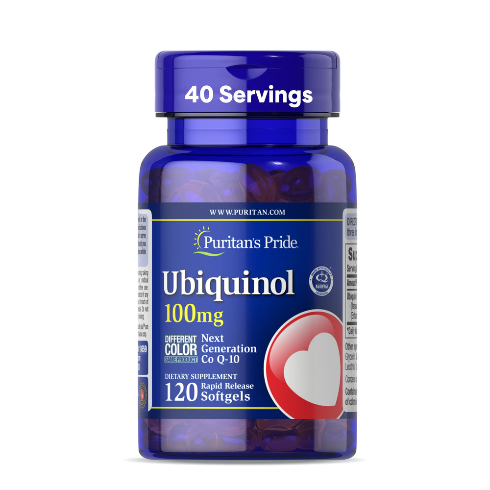 Bottle of Puritan's Pride Ubiquinol CoQ10 100 mg with 120 rapid-release softgels