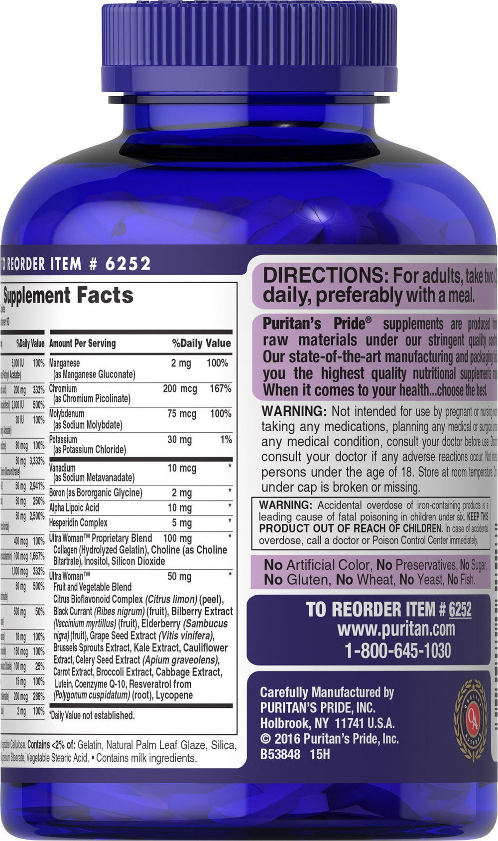 Back view showing nutrition facts for Puritan's Pride Ultra Women Multivitamin Timed Release Caplets, 180 count.