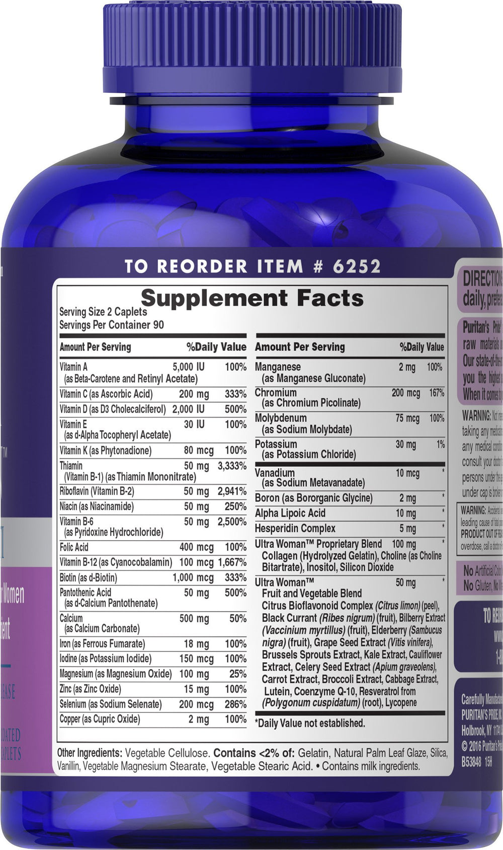 Close-up of Puritan's Pride Ultra Women Multivitamin Timed Release Caplets tablets.